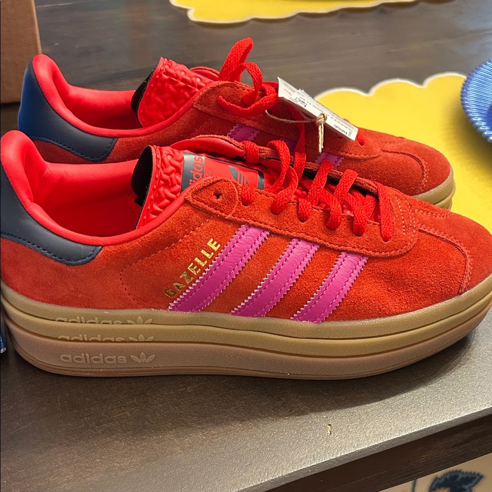 adidas Gazelle Platform Sneakers - Red with Pink Stripes and Tan Sole